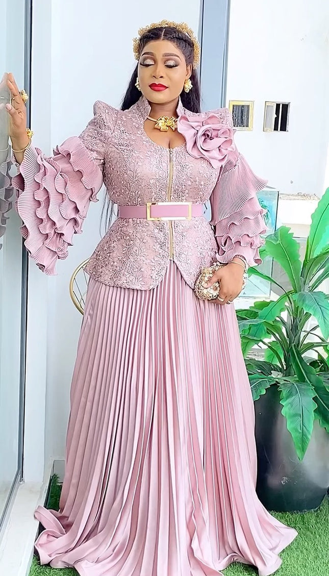 Ruffle Sleeve Pleated A-Line Gown | Mother of The Bride Wedding Guest Birthday Party