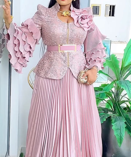 Ruffle Sleeve Pleated A-Line Gown | Mother of The Bride Wedding Guest Birthday Party