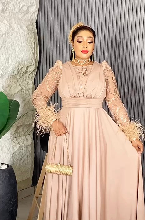 Sequin Feather Detail Sleeve Evening Gown