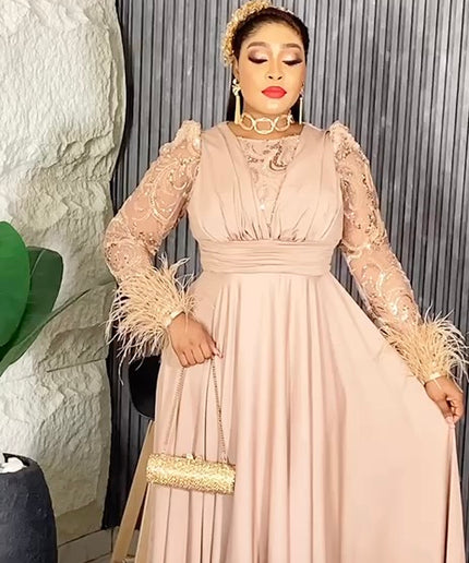 Sequin Feather Detail Sleeve Evening Gown
