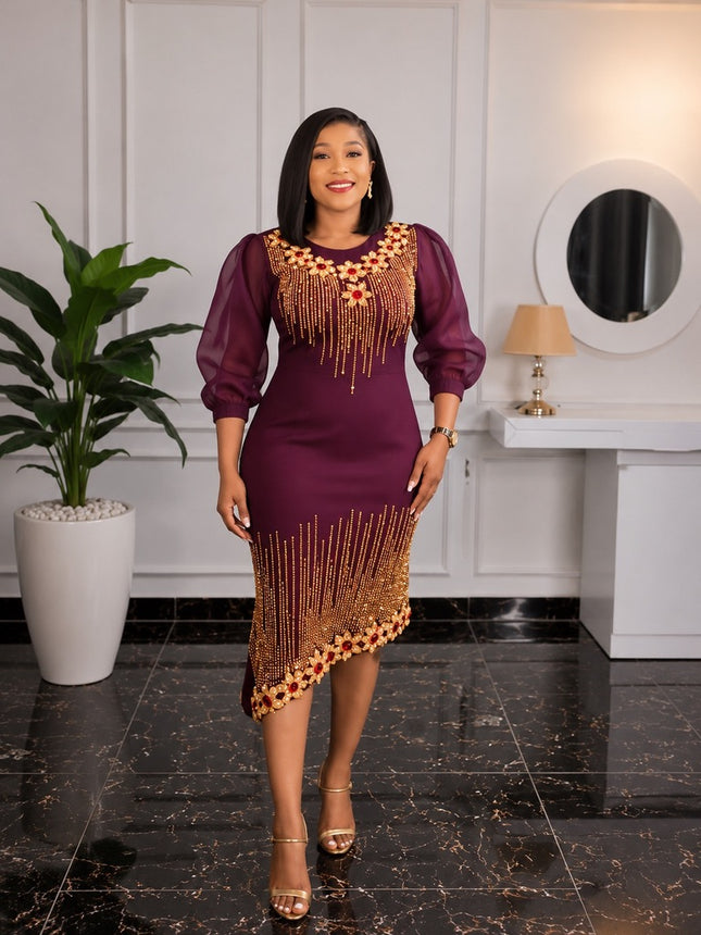 Purple Rhinestone Embellished Puff Sleeve Asymmetrical Midi Dress for Party Summer Wedding Guest Cocktail Dinner Birthday Reception