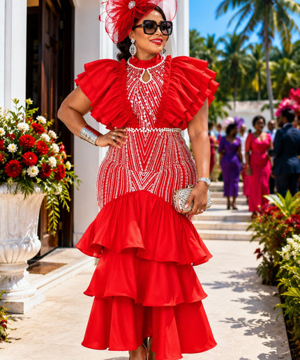 Show-stopping Red Embellished Flare Ruffle Party Dress for Birthday Cocktail Reception Wedding Formal Evening Attire