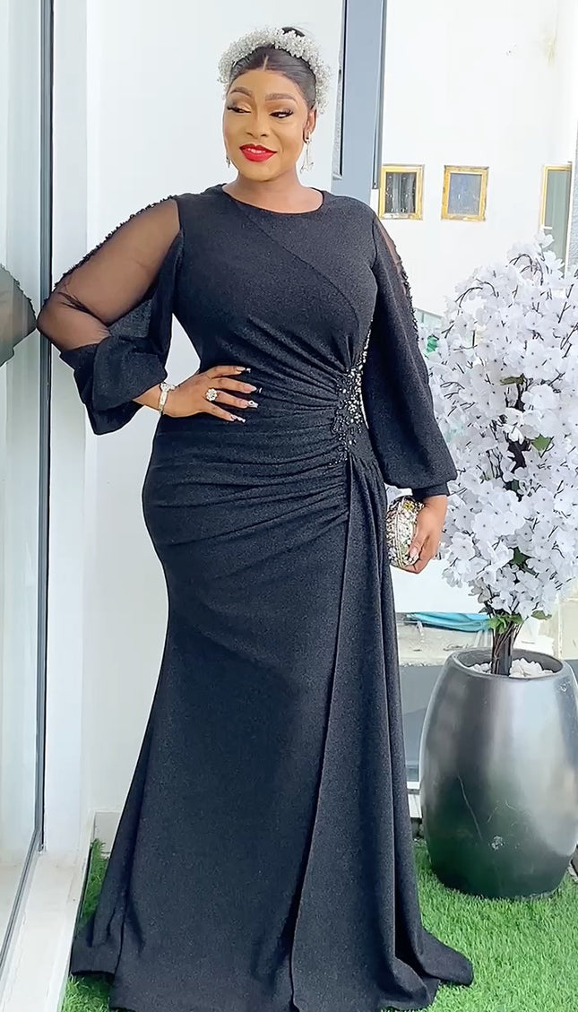 Long Slit Sleeve Applique Draped Maxi Evening Dress | Wedding Guest Birthday Party Anniversary