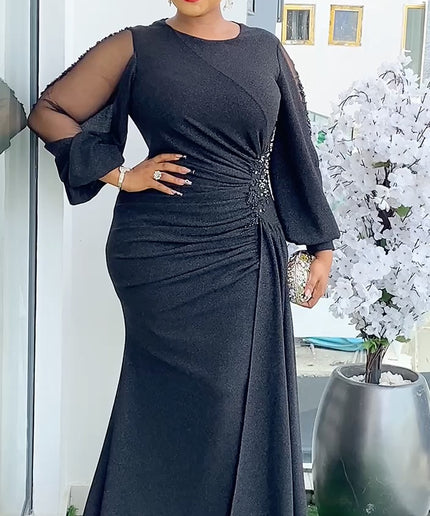 Long Slit Sleeve Applique Draped Maxi Evening Dress | Wedding Guest Birthday Party Anniversary