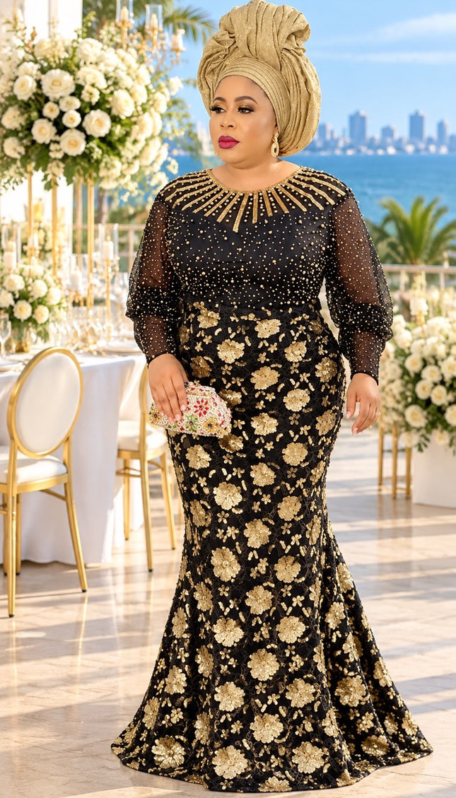 Luxury Black Sequin Embellished Maxi Dress for Mother of The Bride Wedding Guest Birthday Party Holiday Cocktail Reception Formal Evening Gown Church Anniversary Dinner Plus Size
