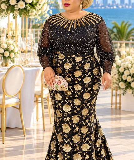 Luxury Black Sequin Embellished Maxi Dress for Mother of The Bride Wedding Guest Birthday Party Holiday Cocktail Reception Formal Evening Gown Church Anniversary Dinner Plus Size