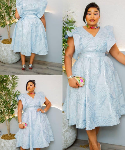 Blue Brocade Flare Sleeve Twirl Skater Midi Dress for Wedding Guest Birthday Photoshoot