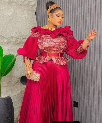 Ruffle Embellished Pleated A-Line Gown | Wedding Bridal Birthday Party Gala