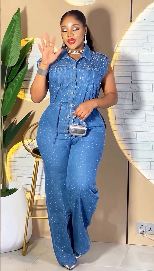 Curvy Denim & Diamonds Sleeveless Wide Leg Jumpsuit, Rhinestone Embellished Stretch Jeans Outfit: Birthday Party Photoshoot
