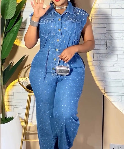 Curvy Denim & Diamonds Sleeveless Wide Leg Jumpsuit, Rhinestone Embellished Stretch Jeans Outfit: Birthday Party Photoshoot