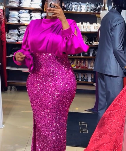 Purple Sequin Wedding Guest Dress Slit Sleeve, Plus Size Evening Wear Mother of The Bride, Cocktail Anniversary Party Birthday