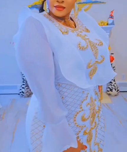 White and Gold Beaded Ruffle Maxi Dress for Engagement Party Wedding Guest Birthday Photoshoot