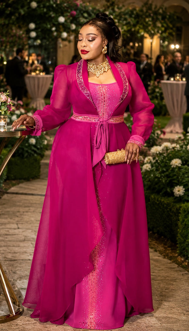 Magenta Pink Crystal-Embellished Sheer Duster & Matching Maxi Dress Set for Mother of The Bride Wedding Guest Birthday Cocktail Party