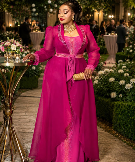 Magenta Pink Crystal-Embellished Sheer Duster & Matching Maxi Dress Set for Mother of The Bride Wedding Guest Birthday Cocktail Party