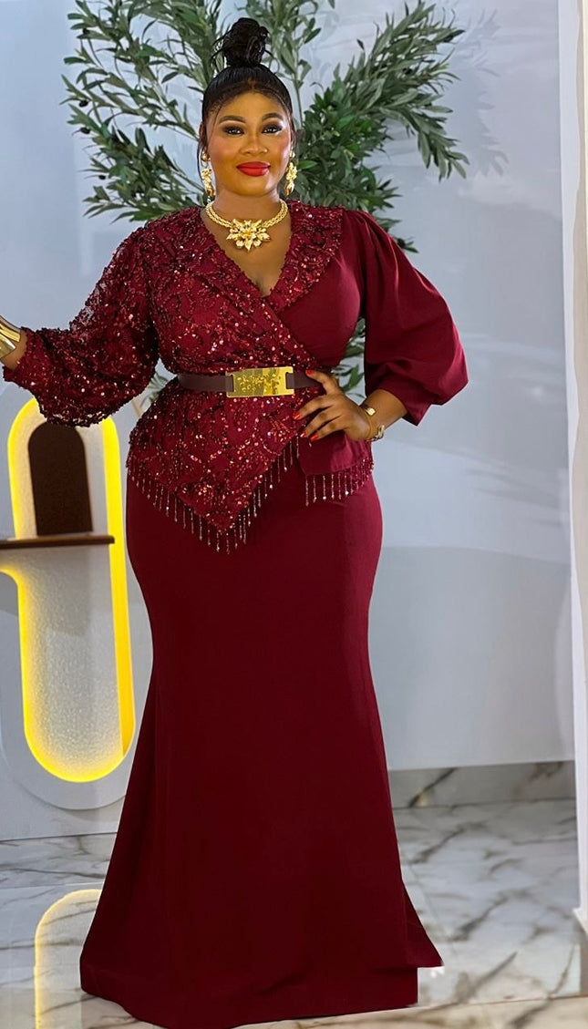 Fabulous Burgundy Sequin Beaded Peplum Mermaid Dress for Wedding Birthday Gala Church Anniversary Mother of The Bride Outfit