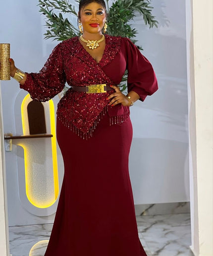 Fabulous Burgundy Sequin Beaded Peplum Mermaid Dress for Wedding Birthday Gala Church Anniversary Mother of The Bride Outfit