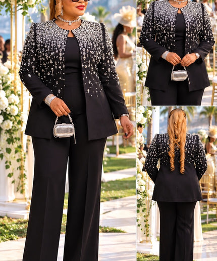 Classy White Rhinestone Embellished Suit 3-Piece Wide-Leg Pant Set, Jacket Pants Camisole: Formal Wedding Guest Holiday Cocktail Party Church Reception Anniversary Mother of The Bride