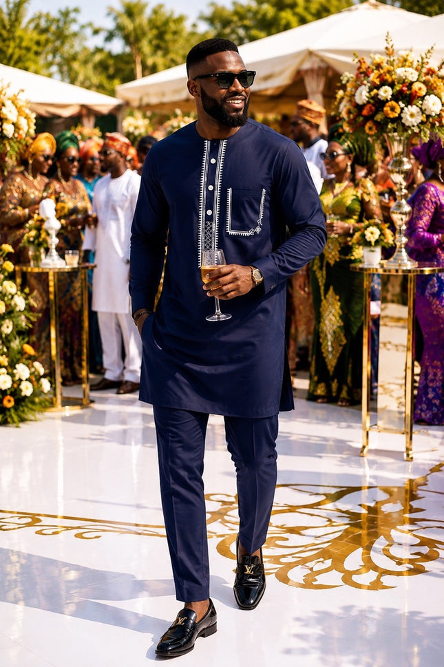 Luxury Men's African Wedding Guest Attire Black Embroidered Cotton Shirt & Pants 2-Piece Outfit for Groom Groomsmen Aso Ebi Father of The Bride Engagement Party Naming Ceremony Graduation Church Birthday Dinner Dashiki Buba & Sokoto