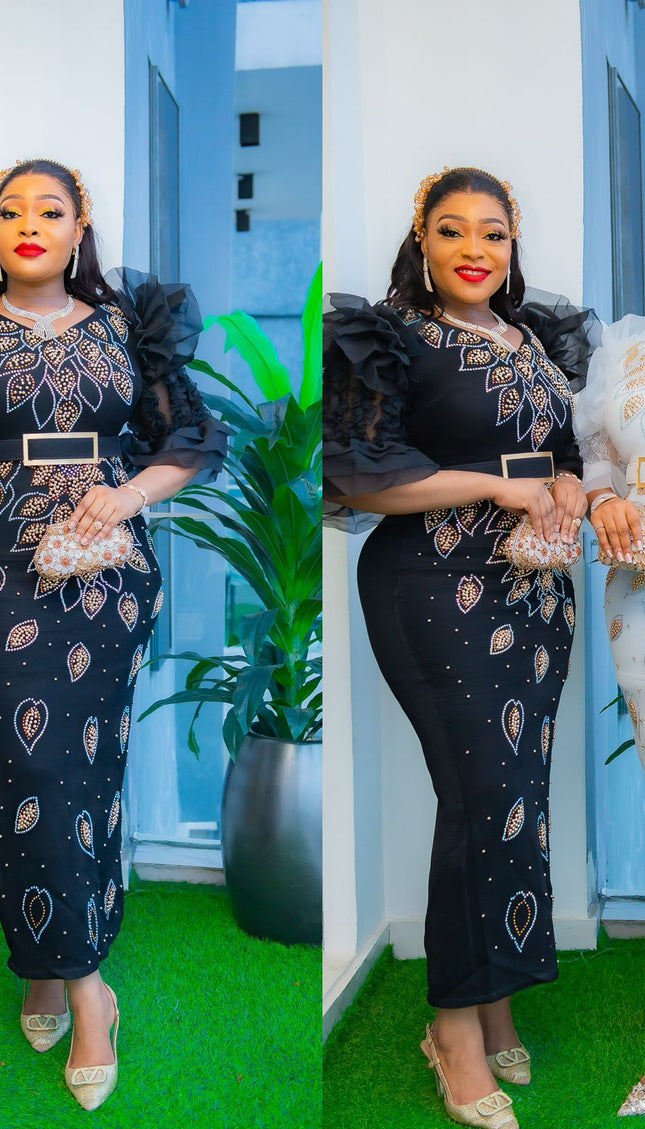 Black Dramatic Ruffle Sleeve Bead-Embellished Maxi Dress for Birthday Party Wedding Cocktail