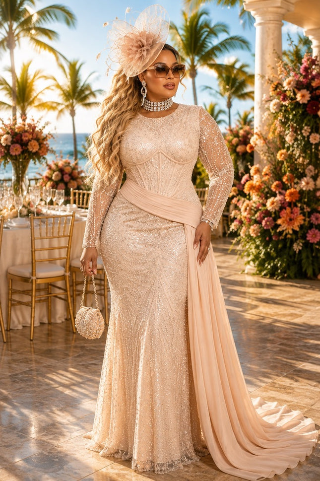 "Love, Lace & Luxury" Beige Sequin Embellished Wedding Guest Dress Floor-Length Draped Formal Evening Gown Mother ofThe Bride Church Gala