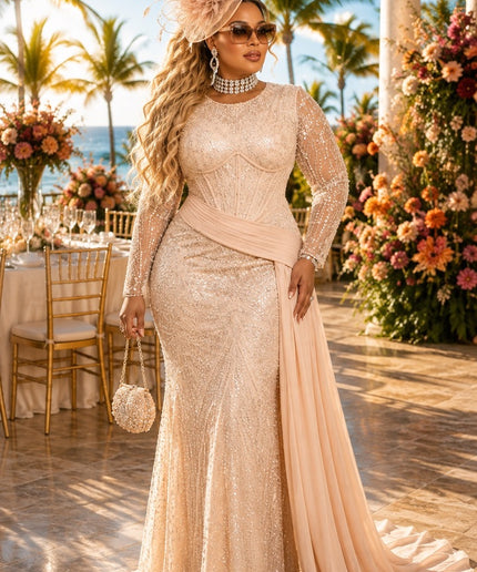 "Love, Lace & Luxury" Beige Sequin Embellished Wedding Guest Dress Floor-Length Draped Formal Evening Gown Mother ofThe Bride Church Gala
