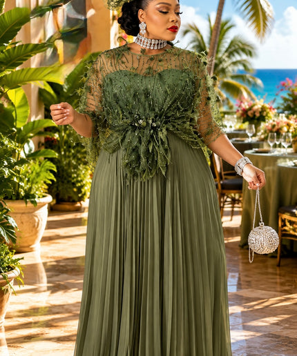 "The Showstopper" Gold Embellished Feathered Pleated Twirl A-Line Maxi Dress Floor-Length Formal Evening Gown for Mother of The Bride Wedding Guest Bridal Dinner Celebrant Birthday Party Engagement Ceremony Holiday Photoshoot