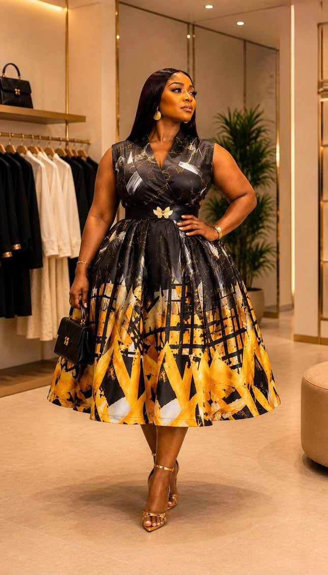 Elegant Black & Gold Sleeveless Twirl Flare Skater Midi Dress for Birthday Dinner Wedding Guest Graduation Church Anniversary Outfit