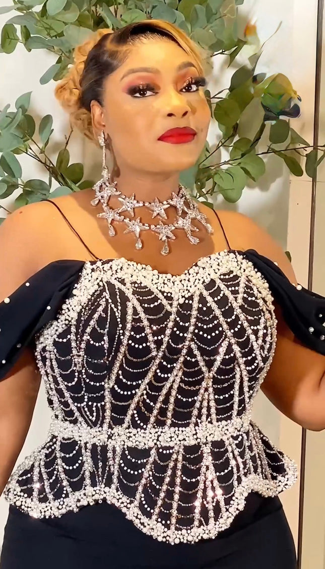 Sparkly Black Off-The-Shoulder Embellished Peplum Mermaid Gown