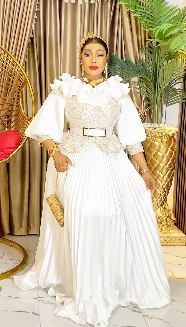 Ruffle Embellished Pleated A-Line Gown | Wedding Bridal Birthday Party Gala