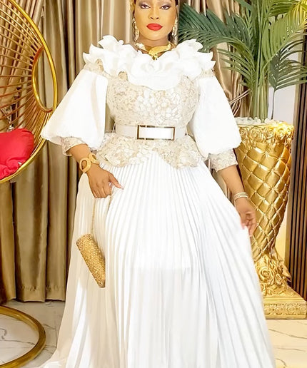 Ruffle Embellished Pleated A-Line Gown | Wedding Bridal Birthday Party Gala