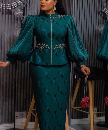 Classy Bishop Sleeve Brocade Appliquè Top & Skirt, 2-Piece Set: Wedding Guest Mother of The Bride Graduation