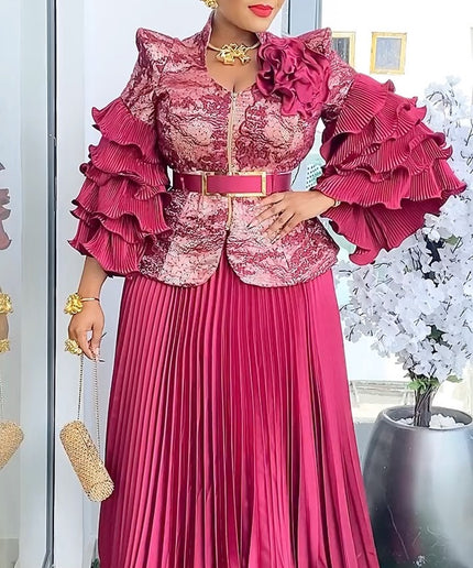 Ruffle Sleeve Pleated A-Line Gown | Mother of The Bride Wedding Guest Birthday Party
