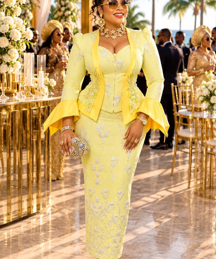 Standout Purple Brocade Embellished Split Bell Sleeve Skirt Suit for Mother of The Bride Wedding Birthday Party 2-Piece Outfit