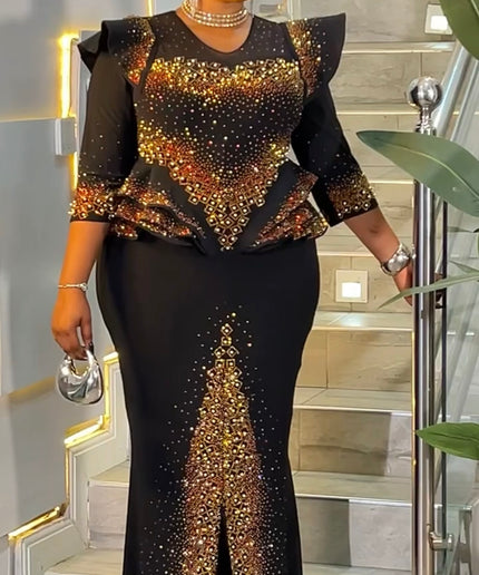 Sparkly Black Rhinestone Embellished Peplum Maxi Dress: Mother of The Bride Wedding Guest Birthday Party Cocktail