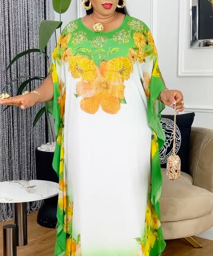 Rhinestone Kaftan Dress Free Flowing Floor Length