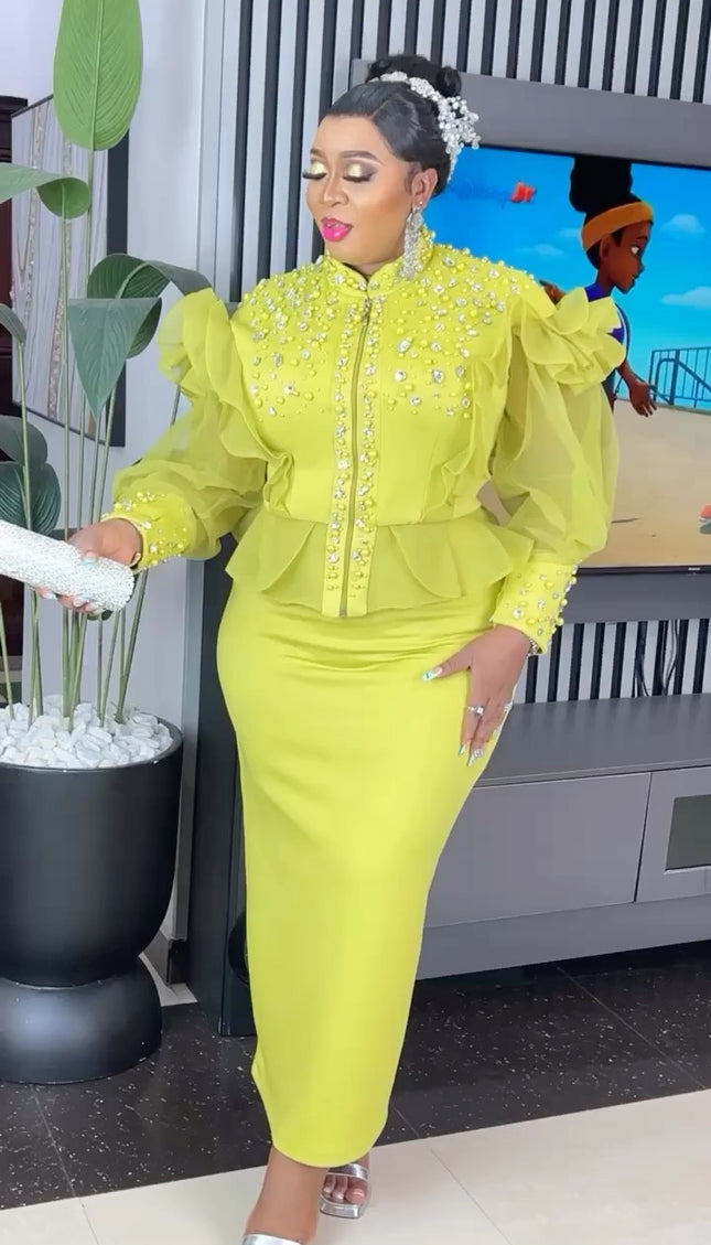Ruffle Sleeve Embellished Blouse and Skirt