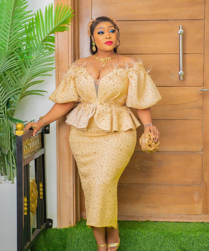 Off-Shoulder Embellished Peplum Feathered Dress: Wedding Guest Mother of The Bride Birthday Cocktail Party