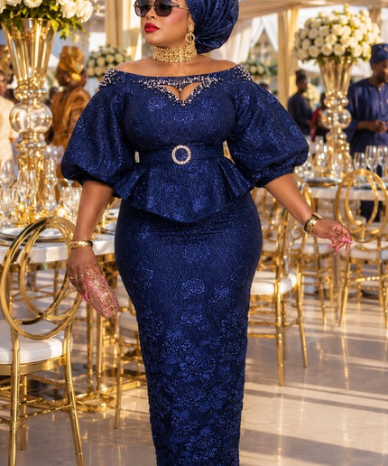 Purple Brocade Off-The-Shoulder Rhinestone Peplum Top & Skirt Set  - Wedding Guest Birthday Celebrant Cocktail Reception Mother of The Bride Outfit