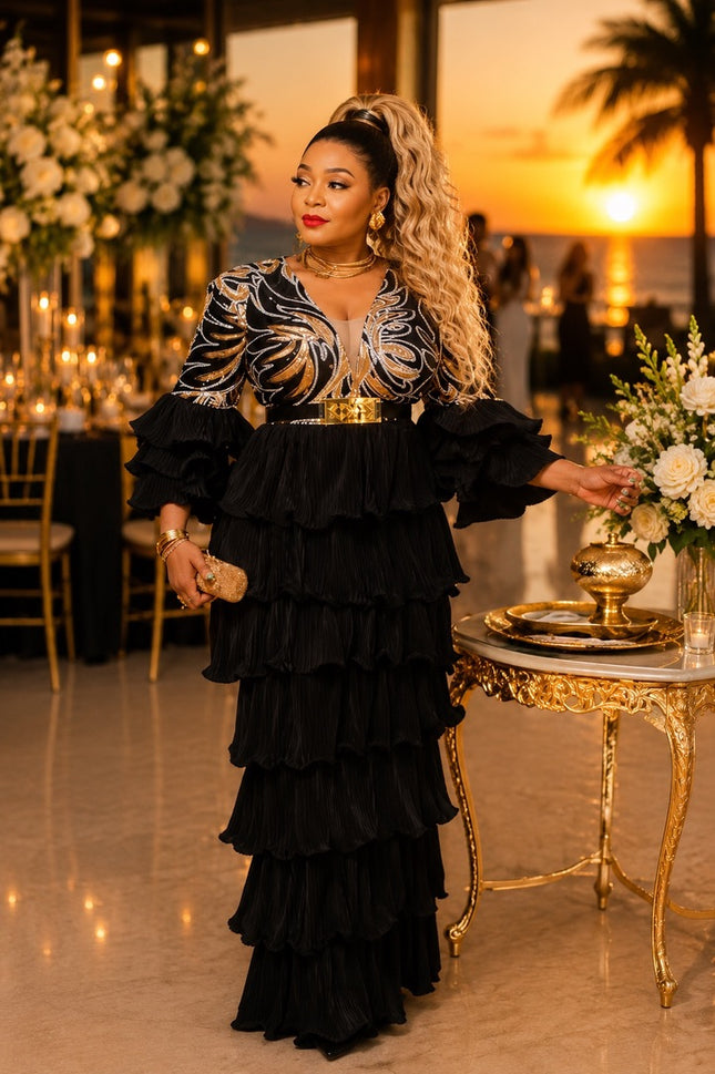 Black & Gold Sequin Waterfall Ruffles Maxi Dress for Wedding Cocktail Reception Celebrant Birthday Party Mother of The Groom