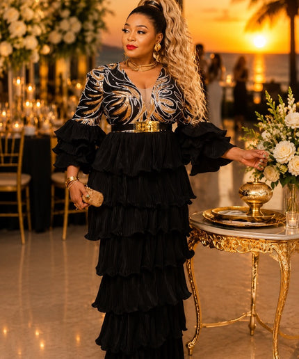 Black & Gold Sequin Waterfall Ruffles Maxi Dress for Wedding Cocktail Reception Celebrant Birthday Party Mother of The Groom