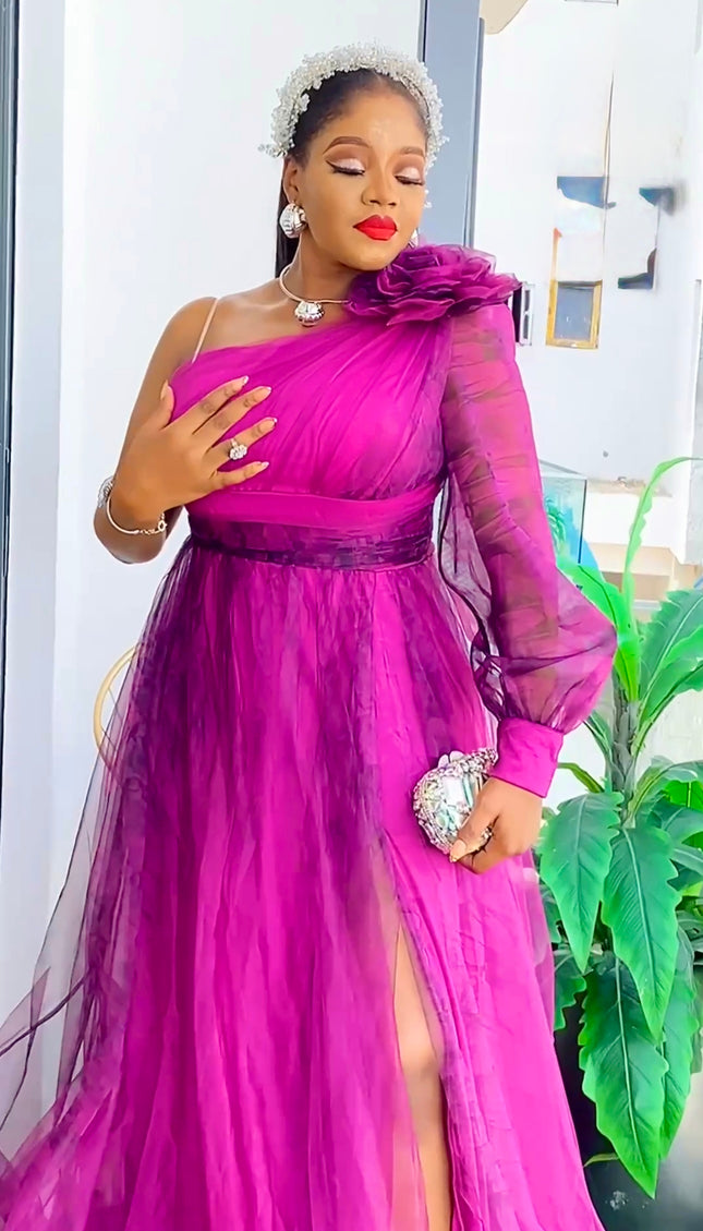 One Shoulder Tulle A-Line Maxi Gown with Slit, Mother of The Bride Plus Size Gold Wedding Guest Birthday Party Cocktail Gala