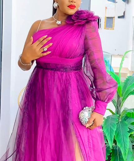One Shoulder Tulle A-Line Maxi Gown with Slit, Mother of The Bride Plus Size Blue Summer Wedding Guest Gown Birthday Party Cocktail Gala