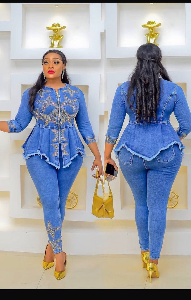 Denim & Diamonds Birthday Party Outfit, Rhinestone Peplum Top & Pants Matching 2-Piece Curvy Jeans Set