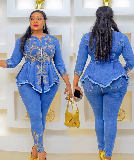 Denim & Diamonds Birthday Party Outfit, Rhinestone Peplum Top & Pants Matching 2-Piece Curvy Jeans Set