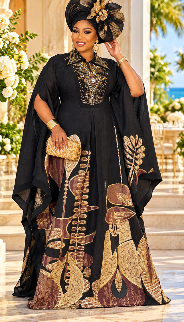 Classy Black Brocade Rhinestone Kaftan Dress Rustic Brown African Bubu Wedding Guest Attire Engagement Ceremony Church Anniversary Plus Size