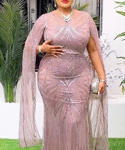 Beaded Embellished Cape Sleeve Maxi Dress