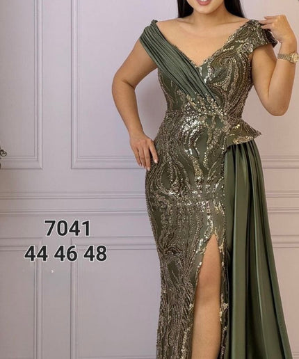 Off-The-Shoulder Sequin Side Drape Maxi Dress | Wedding Guest Bridal Photoshoot Mother of The Bride Birthday Celebration