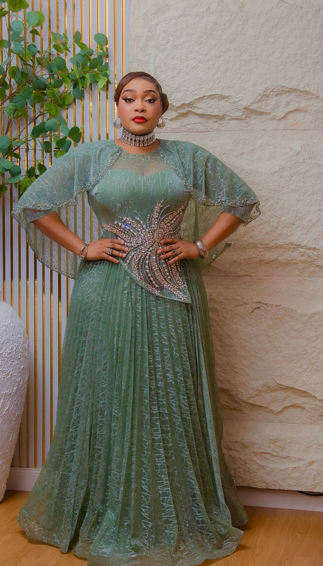Stunning Green Crystal Rhinestone Embellished Cape Pleated A-Line Maxi Gown for Wedding Anniversary Birthday Party Mother of The Bride Plus Size