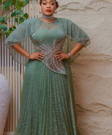 Stunning Green Crystal Rhinestone Embellished Cape Pleated A-Line Maxi Gown for Wedding Anniversary Birthday Party Mother of The Bride Plus Size