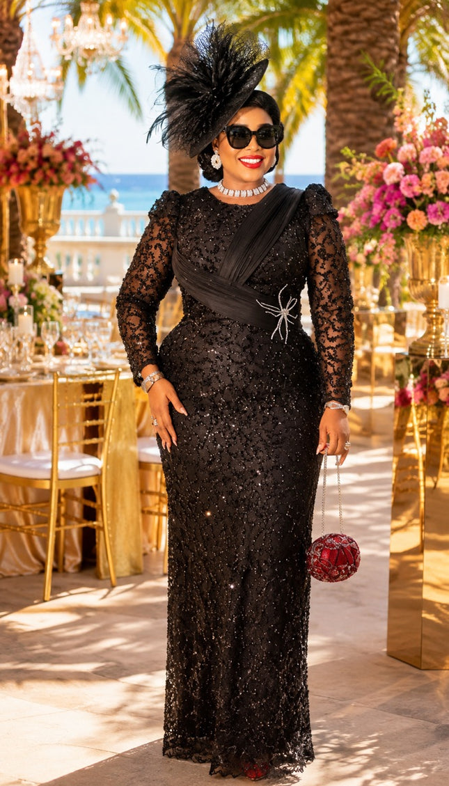 "Center of Attention" Black Beaded Sequin Formal Evening Dress Mother of The Bride Attire Wedding Guest Birthday Party Church Cocktail Reception Plus Size